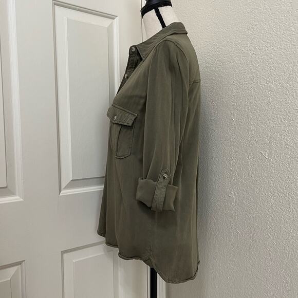 Harper Collared Hi-Low Hem Long Sleeve Button Front Blouse Women's Olive Size M - Picture 6 of 9